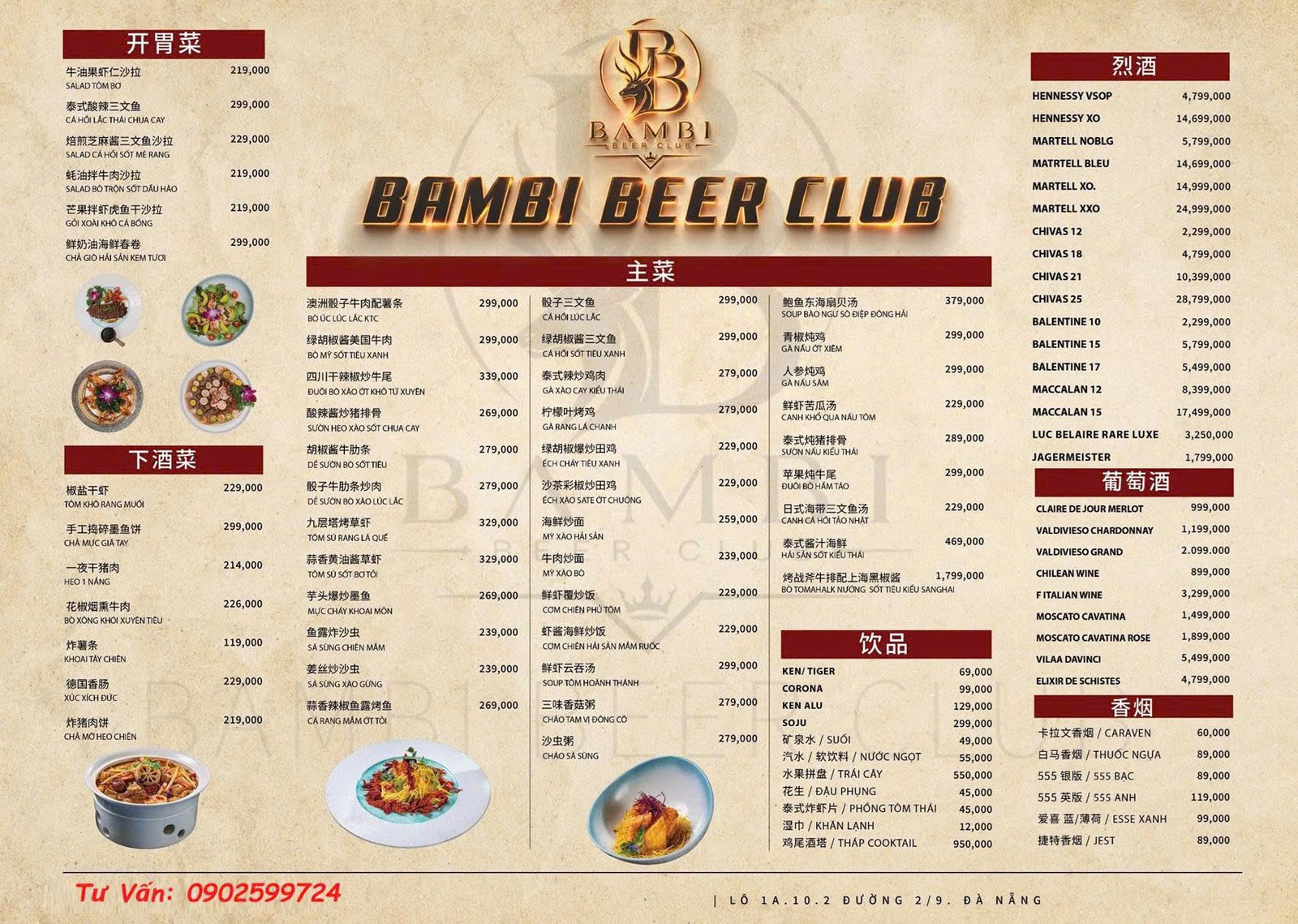 Menu Bambi Beer Club Đà Nẵng song ngữ Việt – Trung